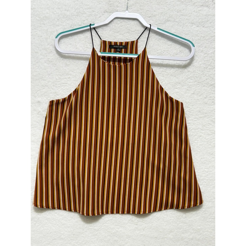 Paper Moon Striped Sleeveless Top Women's Size L Brown‎ White Yellow Blouse